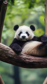 Panda lies on tree branch in soft, shallow-focus forest