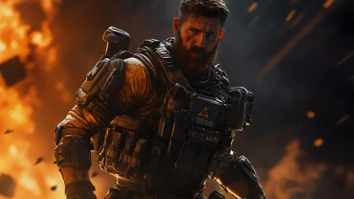 Armored soldier strides through blazing battlefield fury