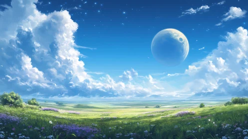 Digital landscape depicts open meadow under large distant moon