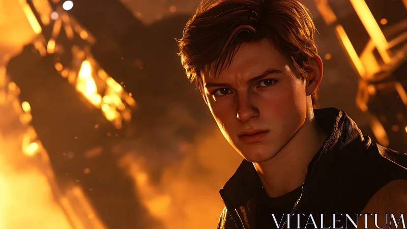 Young man in fiery industrial chaos, dramatic close-up portrait.