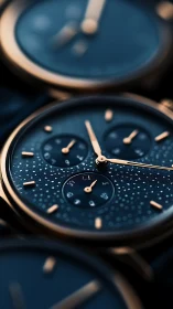 Luxury blue chronograph watch with gold details closeup.