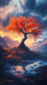 Solitary orange tree over reflective stream at dusk.