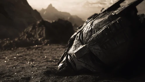 Titan&rsquo;s fallen helm sleeps beneath a storm-torn horizon