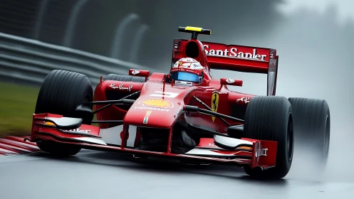 Red Formula racing car on wet circuit under heavy spray