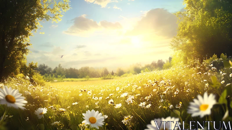 Sunlit meadow with daisies under partly cloudy sky