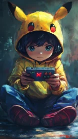 Child in yellow character hoodie using handheld console.