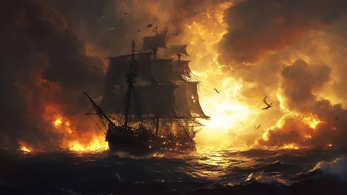 Burning warship cuts through stormlit ocean under blazing sky
