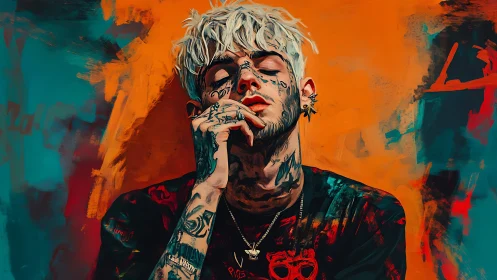 Portrait of tattooed young man against abstract background.