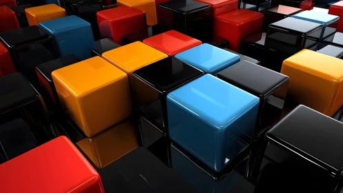 Glossy colored cubes form reflective geometric surface grid