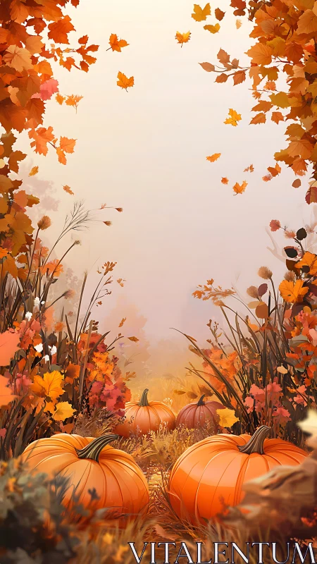 Pumpkins rest under swirling autumn leaves in misty field