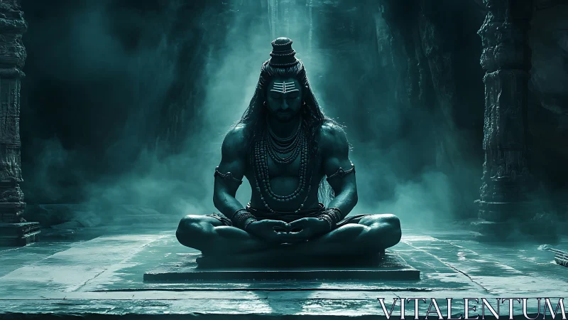 Meditating Shiva figure rendered in cinematic teal temple lighting