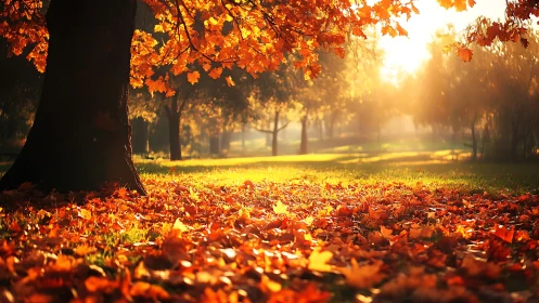 Golden autumn park bathed in gentle morning sunlight.