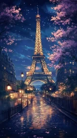 Eiffel Tower glows over romantic springtime Paris street.