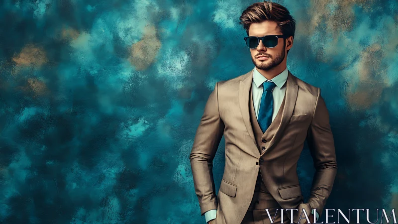 Man in tailored beige suit stands against teal studio backdrop