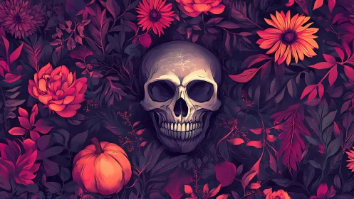 Digital floral memento mori with central skull composition.