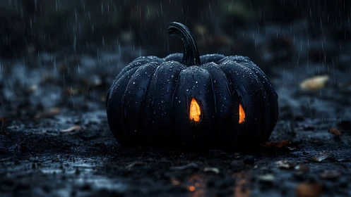 Black jack o lantern glows under cold autumn rain.