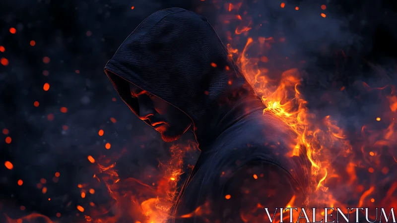 Hooded figure in profile surrounded by vivid orange flames.