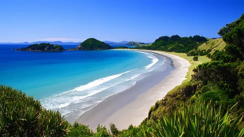 Pristine Coastal Beach with Turquoise Waters and Green Hillsides.