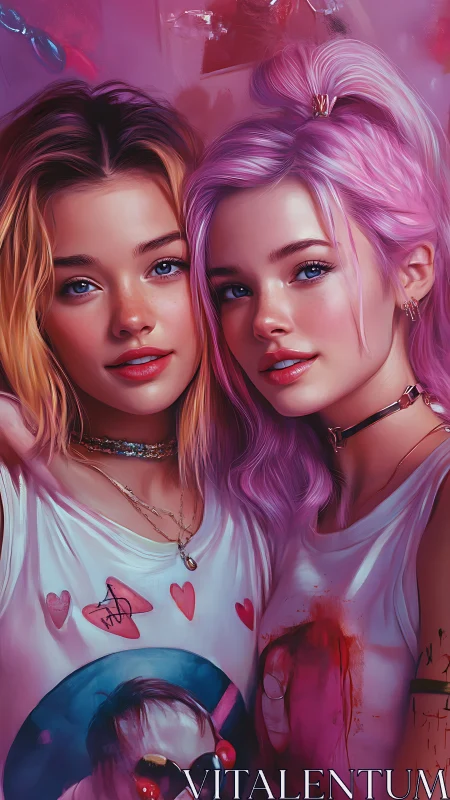 Candy-hued best friends lean into neon-lit portrait magic
