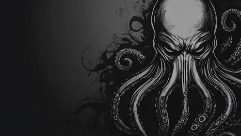 Monochrome eldritch octopus god with coiling tentacles