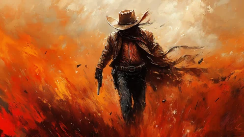 Lone gunslinger strides through blazing abstract inferno.