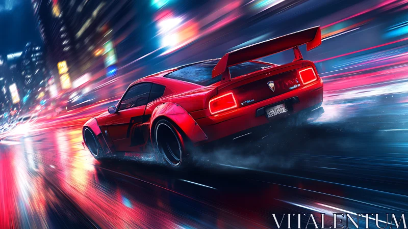 Red sports car racing through neon city streets at night.