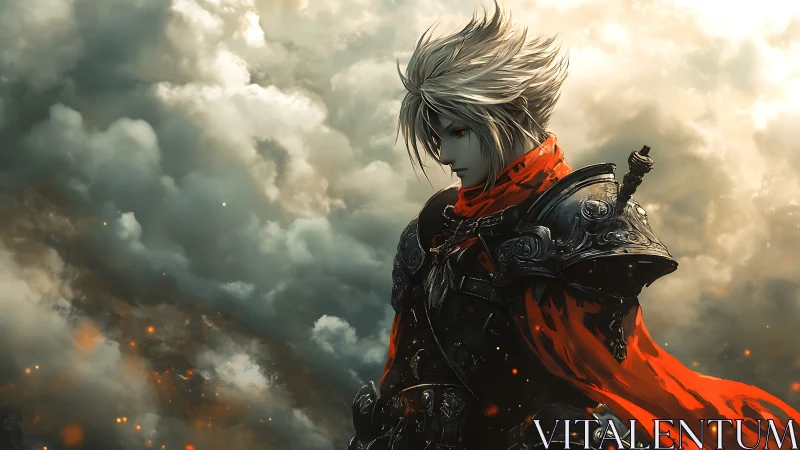 Silver haired armored warrior with red scarf in clouds
