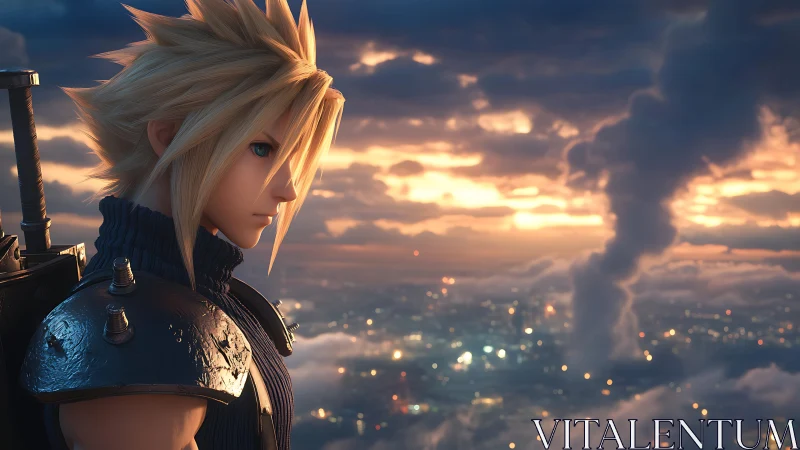 Profiled anime swordsman overlooks dystopian sunset cityscape