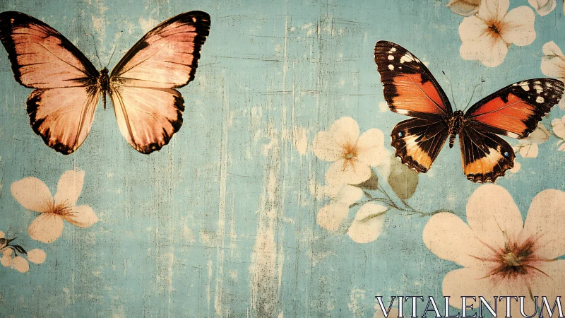 Fluttering duet over vintage sky of painted blossoms.