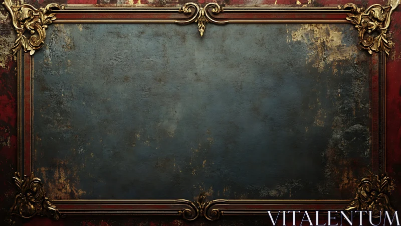 Empty ornate gold frame surrounds distressed blue panel