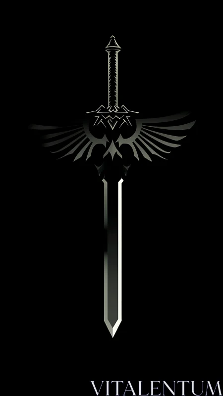 Winged sword emblem glows against deep black void background.