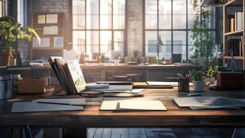 Modern Creative Workspace Bathed Golden Hour Light.