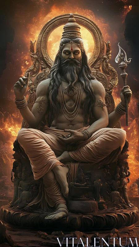 Fire-ringed sage king on molten throne of divine calm.