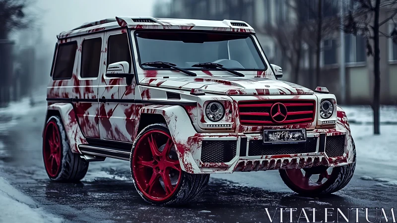 Snow-wet urban G-Class SUV with red splatter wrap and rims.