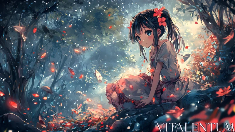 Girl in glowing forest clearing with drifting petals