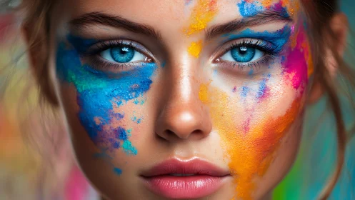 Close-up portrait of woman with vivid colorful face paint.