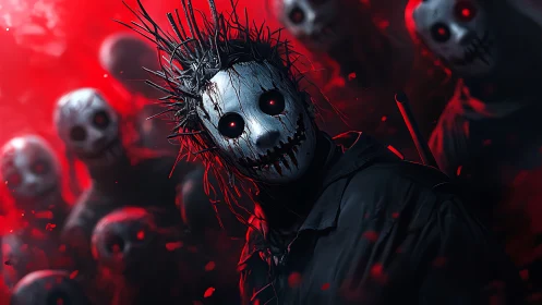 Group of masked figures with red glowing eyes in haze.