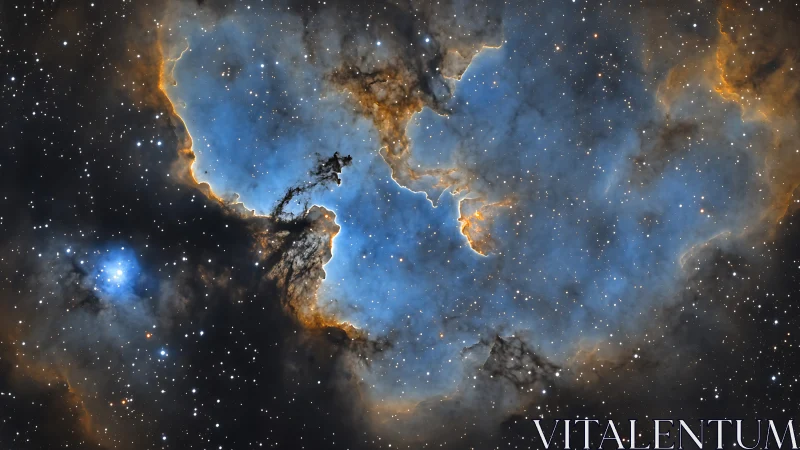 Ionized hydrogen nebula with dust filaments and starfield boundary.