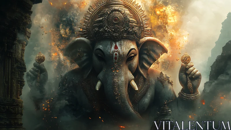 Colossal Ganesha statue emerges through fire and swirling smoke