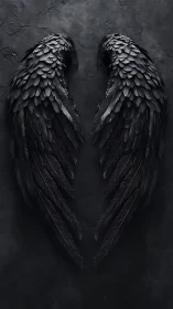 Symmetric matte-black feathered wings on textured basalt wall.