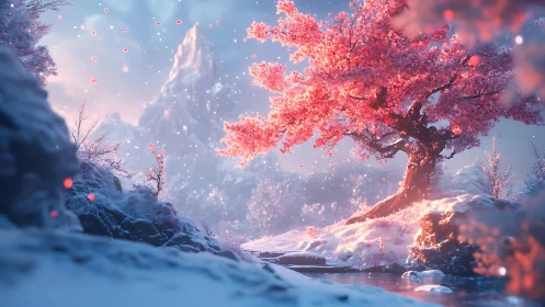 Winter-breath mountains cradle a rebellious cherry blossom flare