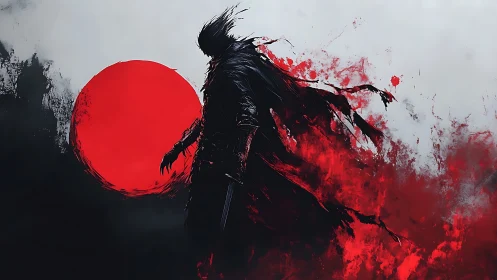 Lone dark warrior before red sun in abstract bloodstorm.