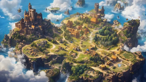 Floating fantasy kingdom sprawls across sunlit sea cliffs.
