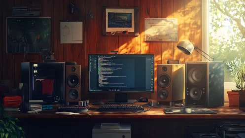 Sunlit programmer&rsquo;s desk with monitor and studio speakers.