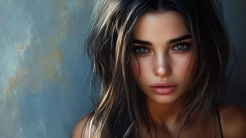 Digital portrait of woman with luminous eyes and tousled hair.