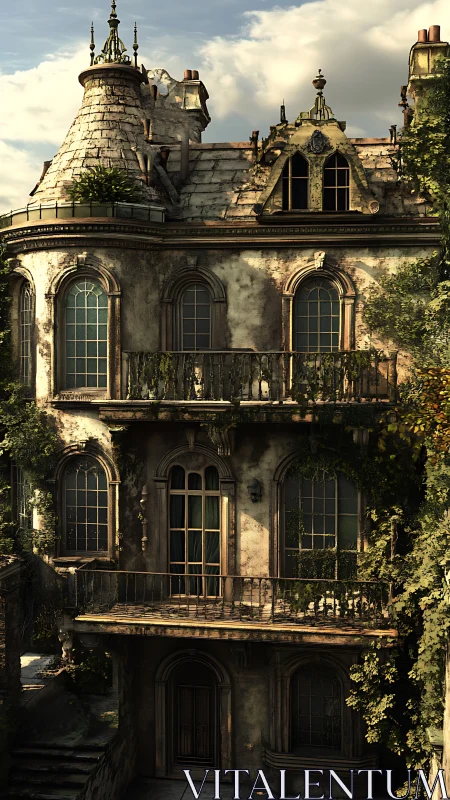 Weathered three-story mansion with ivy and ornate mansard roof