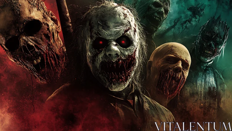 Grotesque undead horde advances through bloodred mist