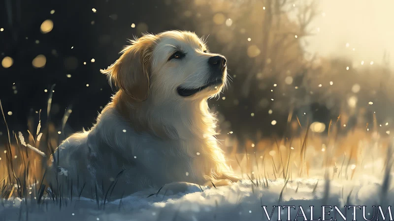 Golden retriever resting in glowing winter field at dusk.