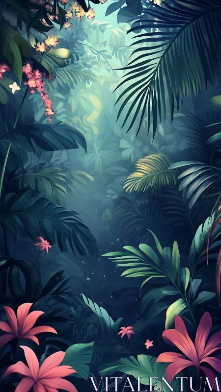 Dense tropical jungle opening glows with humid diffuse light