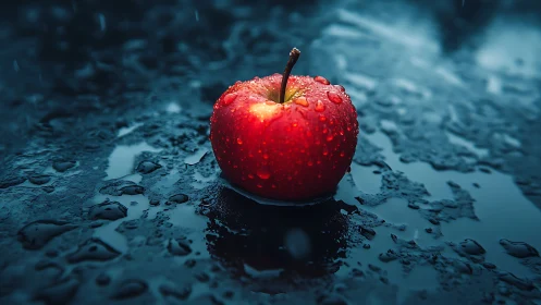 Red apple sits on wet reflective surface covered in water